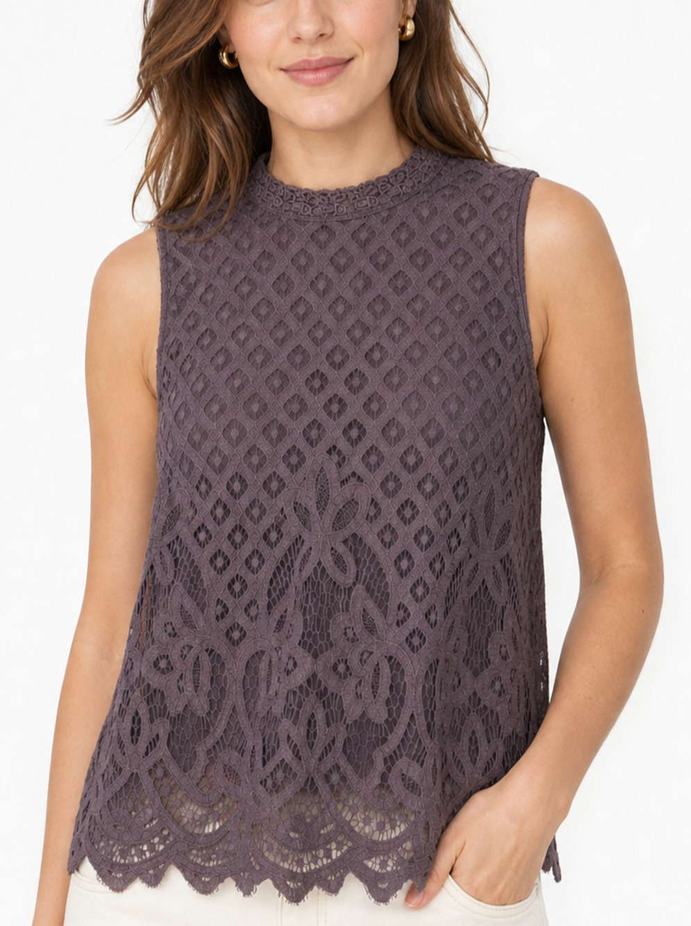 Rewind XL Gray Lace Crochet Mock Neck Sleeveless Top Boho Casual Blouse Gothic